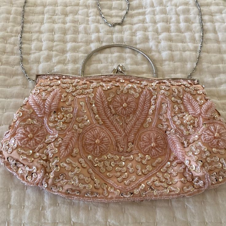 This Pink Blush Bag Is Stunning.. Approximately 10x6 Covered In Pearls And Sequins.., Silver Colored Shoulder Strap Plus A Mini Strap To Hold Never Used.. Perfect Condition! Blush Rectangular Bag For Parties, Blush Rectangular Party Bag, Rectangular Blush Party Bag, Vintage Pink Bags For Wedding, Vintage Pink Shoulder Bag, Cheap Vintage Sequined Bags, Vintage Sequin Evening Bag, Vintage Pink Beaded Bag, Sparkly Bag