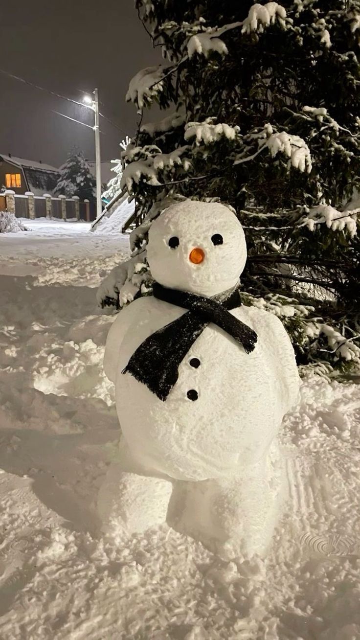 a snowman is standing in the snow next to a tree