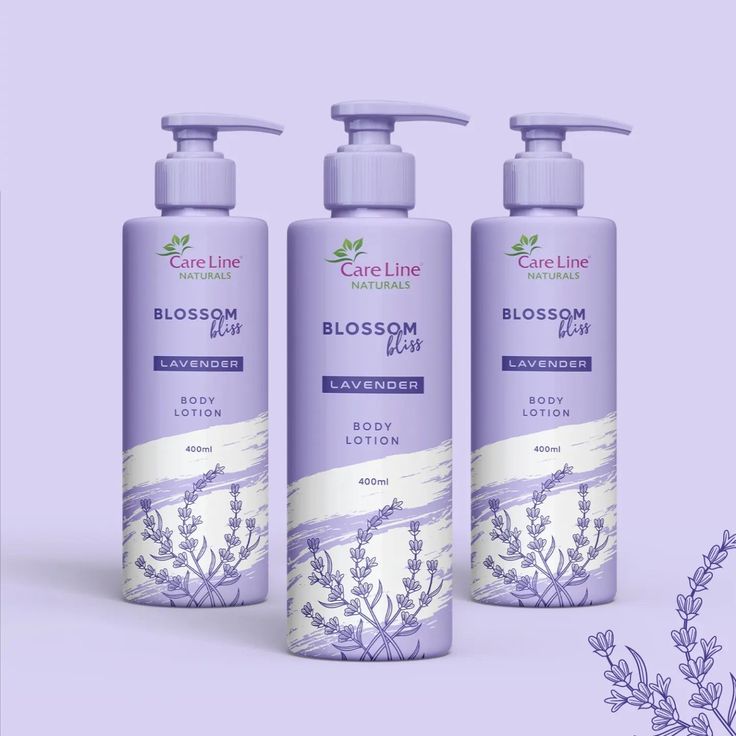 three bottles of lavender body lotion on a purple background with an image of flowers