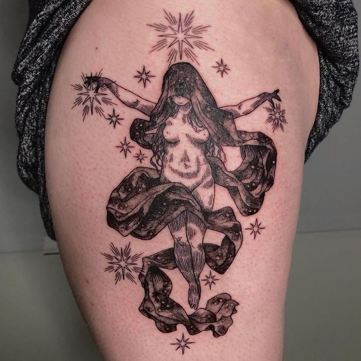 a woman's thigh with a tattoo on it