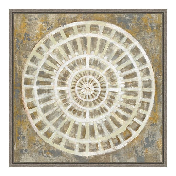 an abstract painting with white and grey colors on a brown background that has a circular design in the center