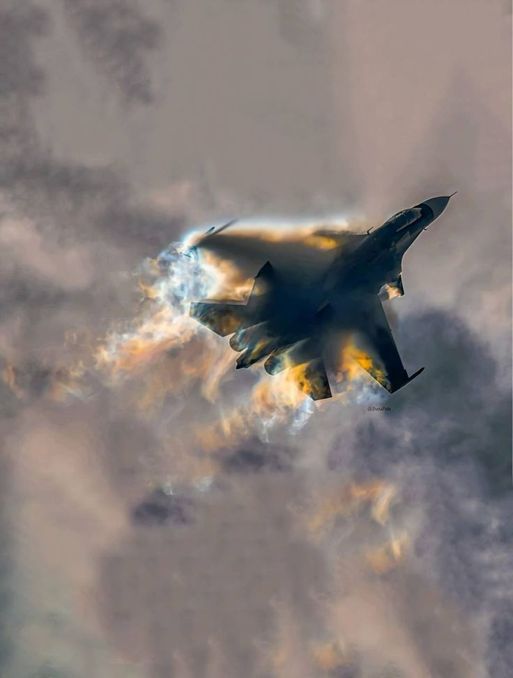 a fighter jet is flying through the clouds