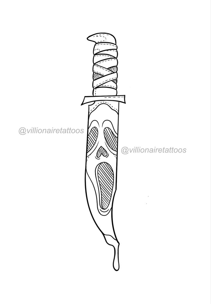 a drawing of a knife with a skull on it's side and a spiral design on the blade