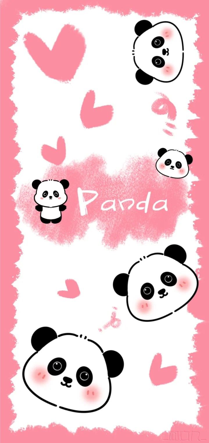 two pandas with hearts and the words panda on them are drawn in pink ink