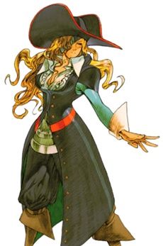 a drawing of a woman dressed as a pirate with long blonde hair wearing a black hat and green dress