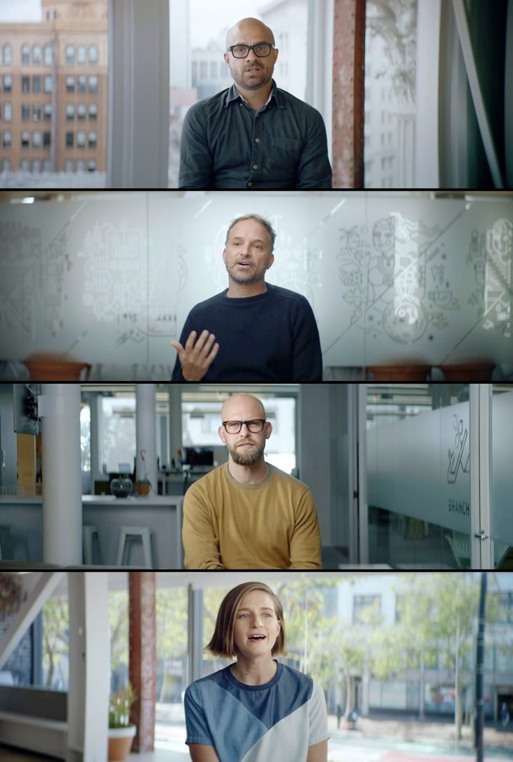 four different shots of people in the same room, one with his hands on his chest