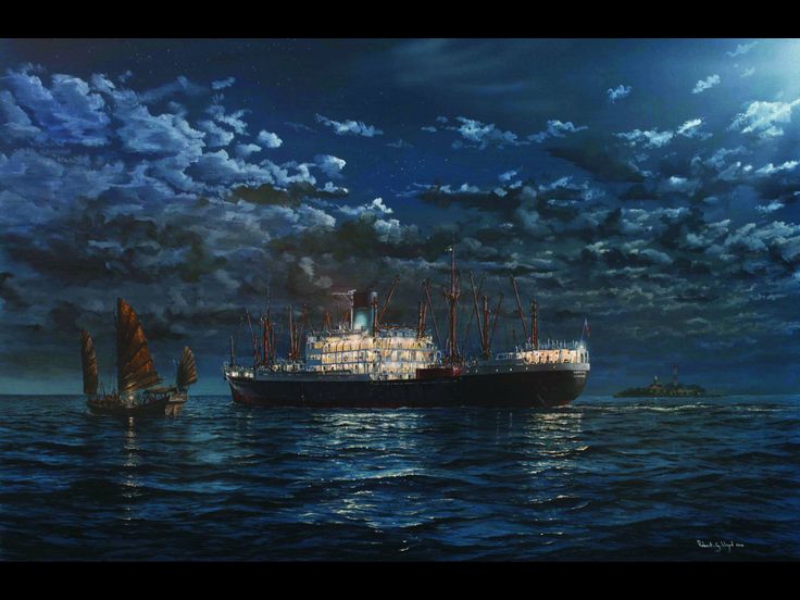 a painting of two ships in the ocean under a full moon filled sky with clouds