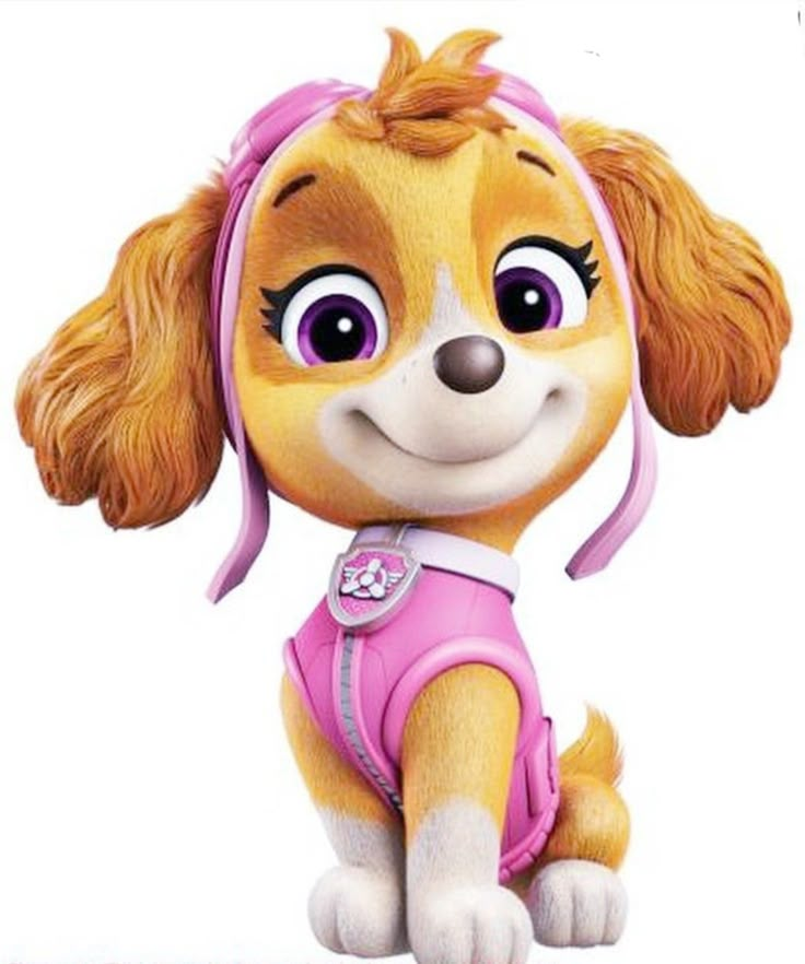 a cartoon dog with big eyes and a pink outfit sitting in front of a white background