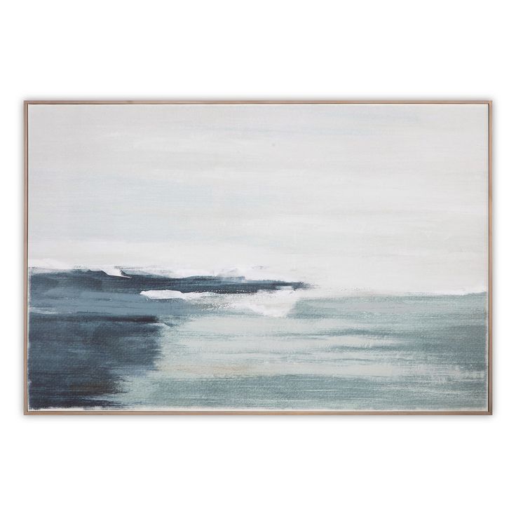 an abstract painting with blue and white colors on the water in front of a white background