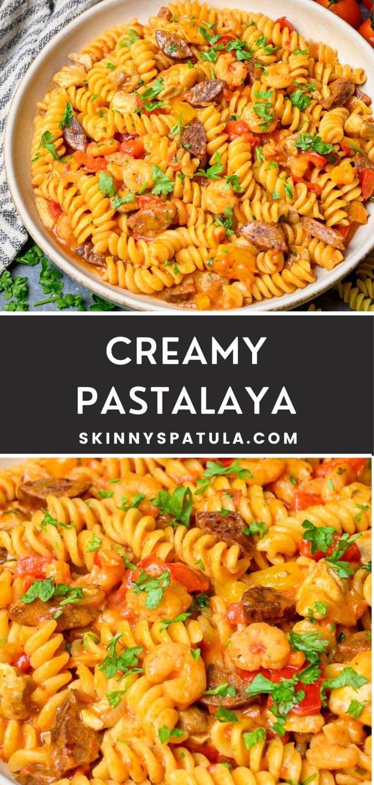 creamy pasta with sausage and tomatoes in a skillet