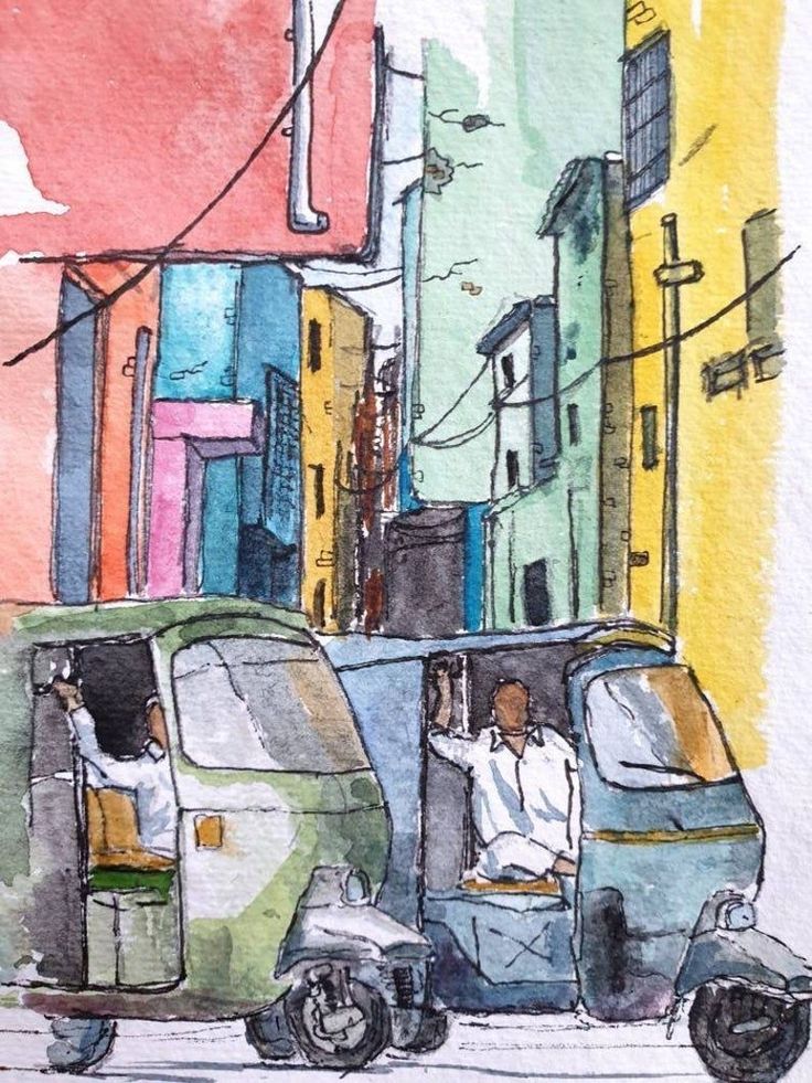 a painting of two men in the back of a small van on a city street