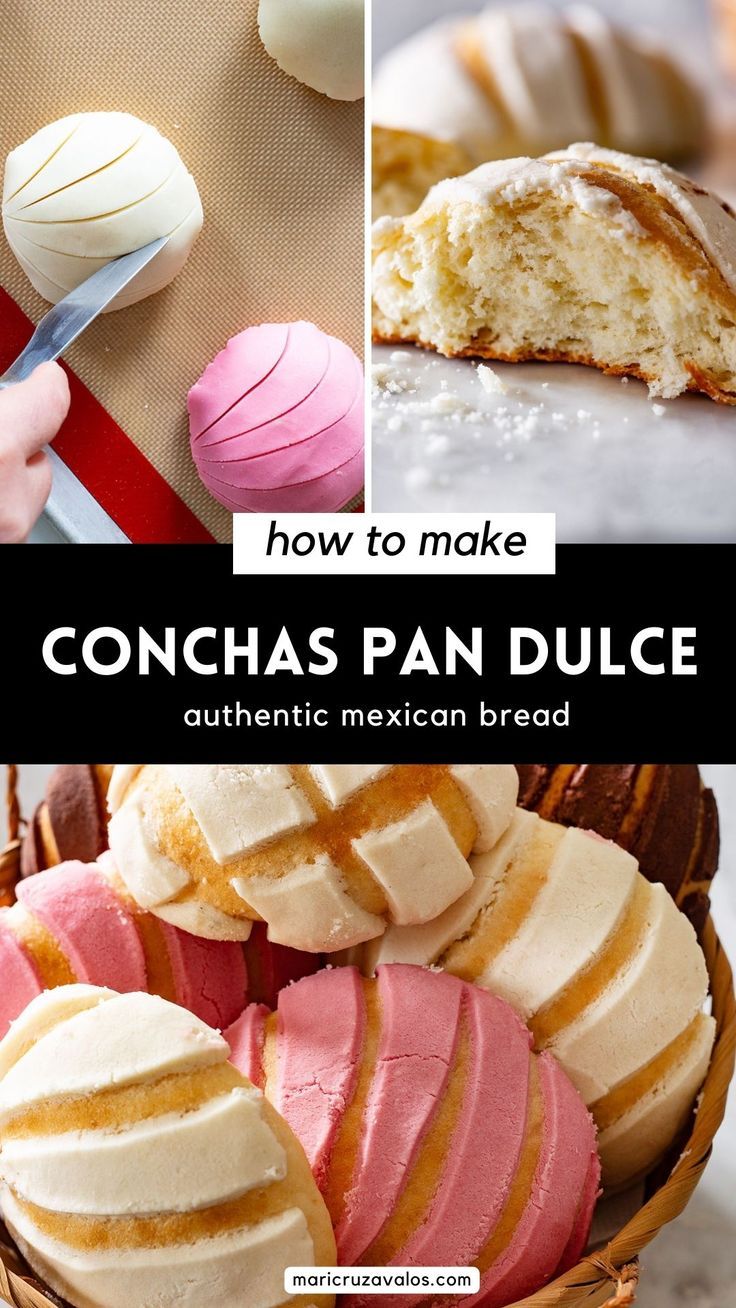 A collage with 3 photos of conchas and recipe process with text overlay. Concha Bread Recipe, Conchas Recipe, Conchas Pan, Mexican Conchas, Mexican Pan Dulce, Mexican Bakery, Mexican Sweets, Mexican Pastries, Mexican Sweet Breads