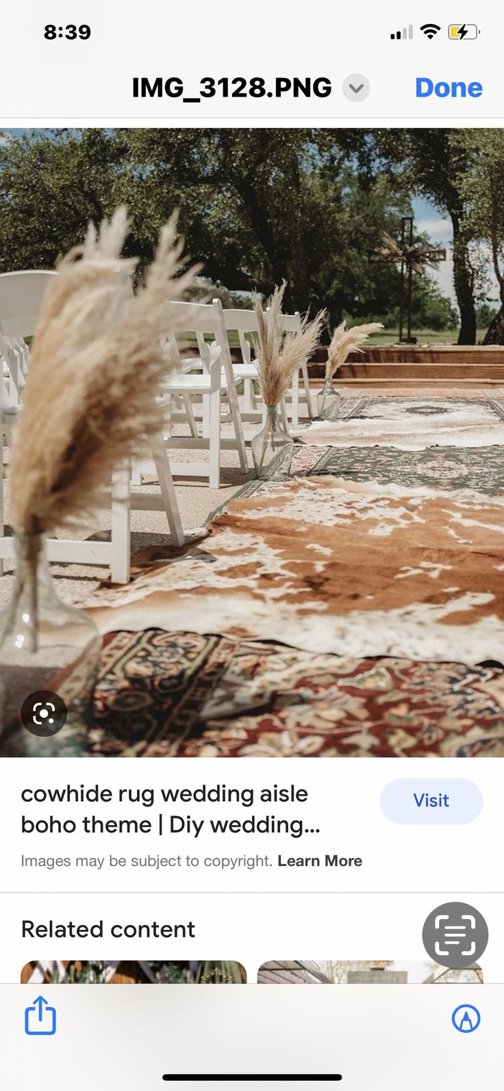 the wedding aisle is decorated with white chairs and pampaste rugs for an outdoor ceremony