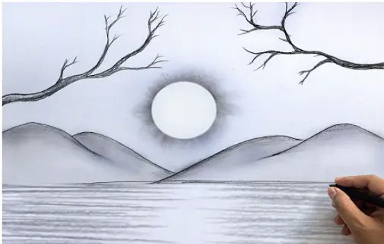 someone is drawing a landscape with pencils