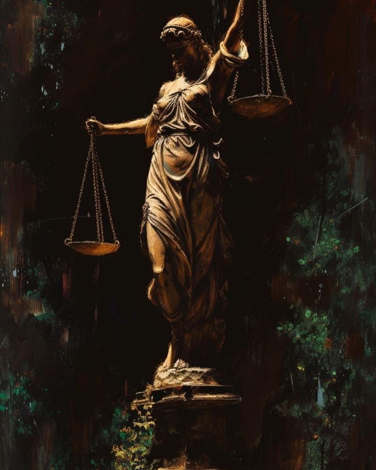 a painting of a lady justice statue holding the scales