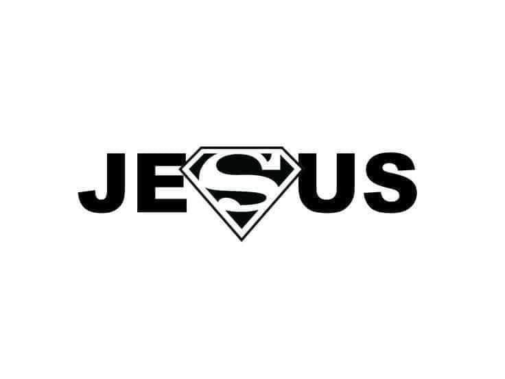 the word jesus is written in black and white, with a superman symbol on it