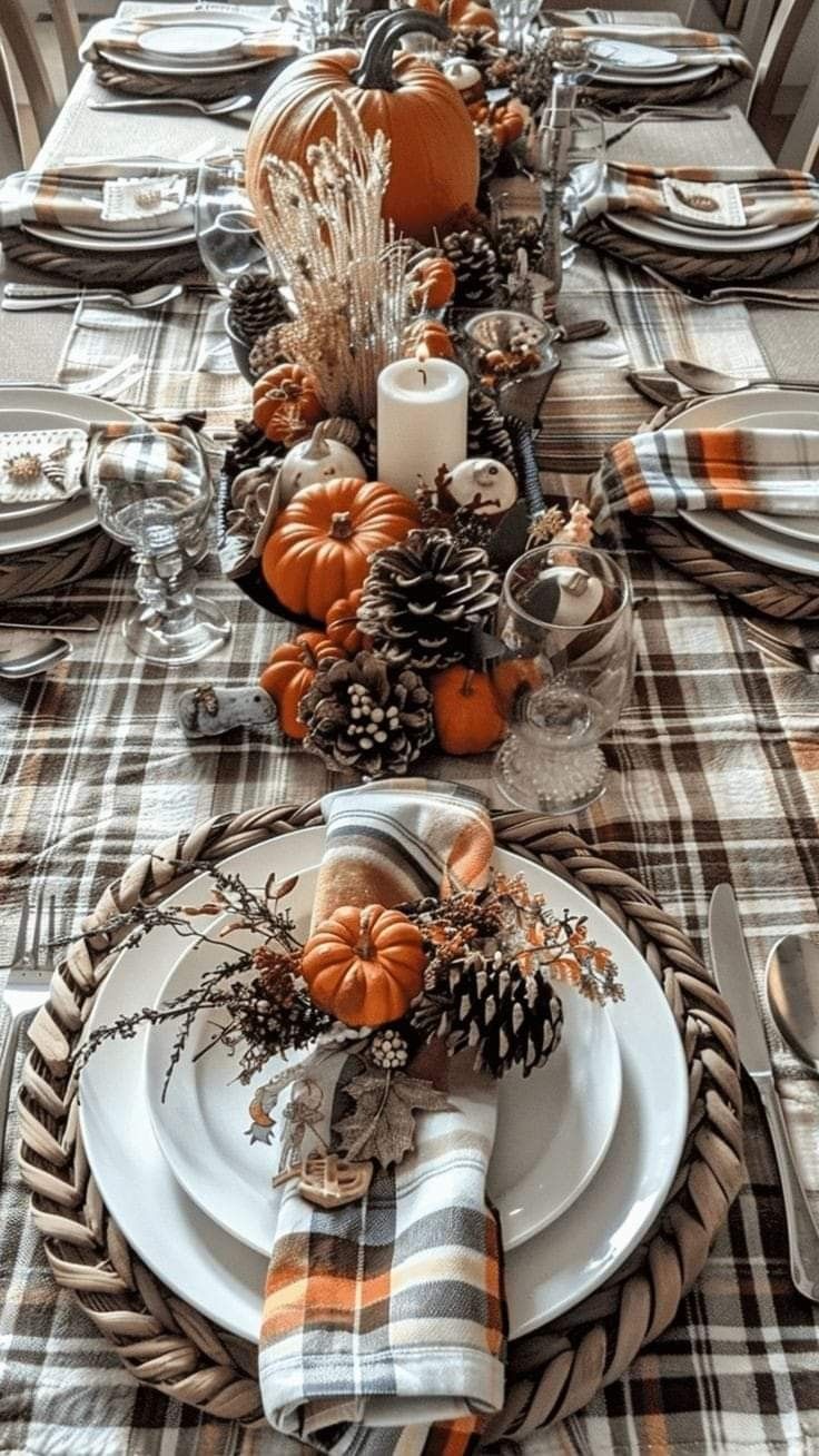 the table is set for thanksgiving dinner with pumpkins, pine cones and plaid napkins