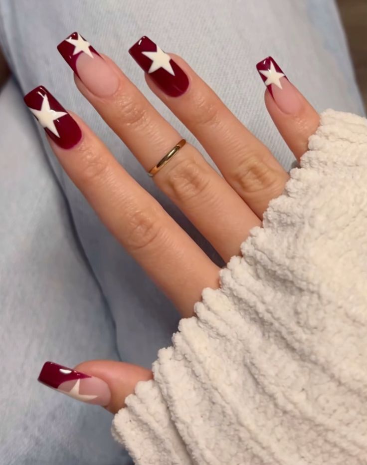 Bday Nails Square, Nail Inspo Square White, Maroon And White Nails, Better Nails, College Nails, Red And White Nails, Aesthetic Nail, Kutek Disney, Dark Red Nails