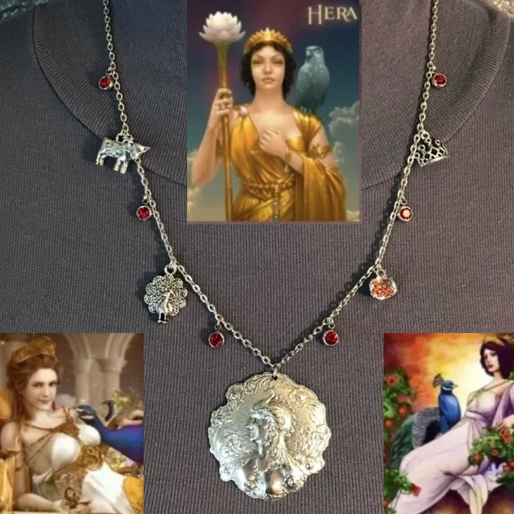 the necklace has pictures of women and animals on it, along with an image of a woman holding a flower