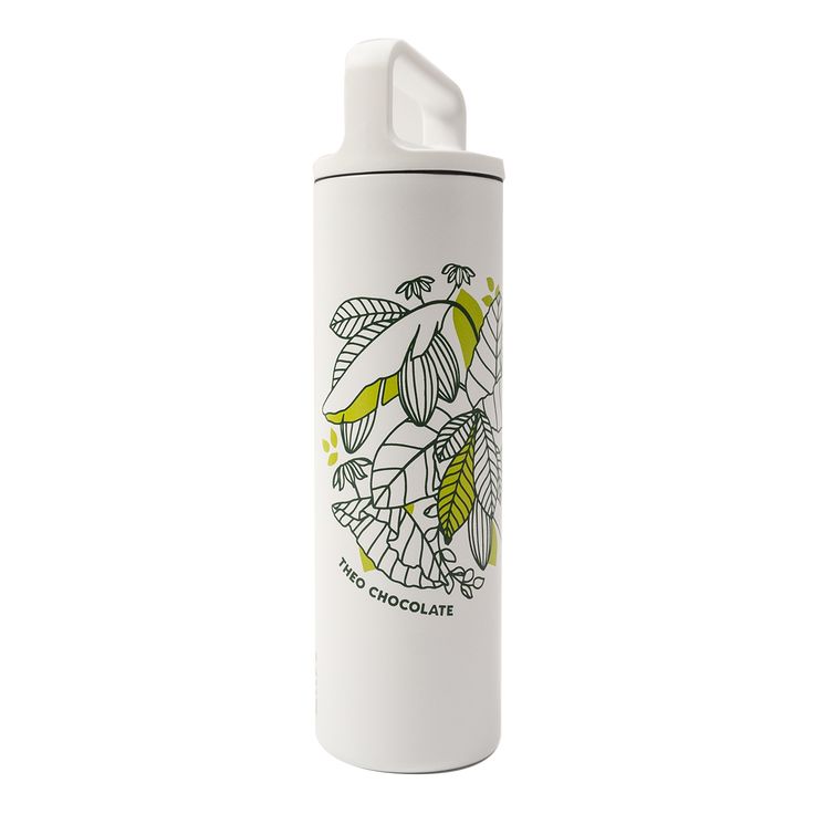 thermos bottle is white with green leaves on it and has a black lid