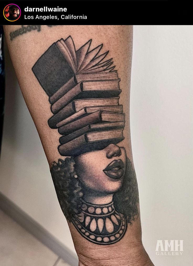 a woman with books on her head is shown in this tattoo design by danielle los angeles, california