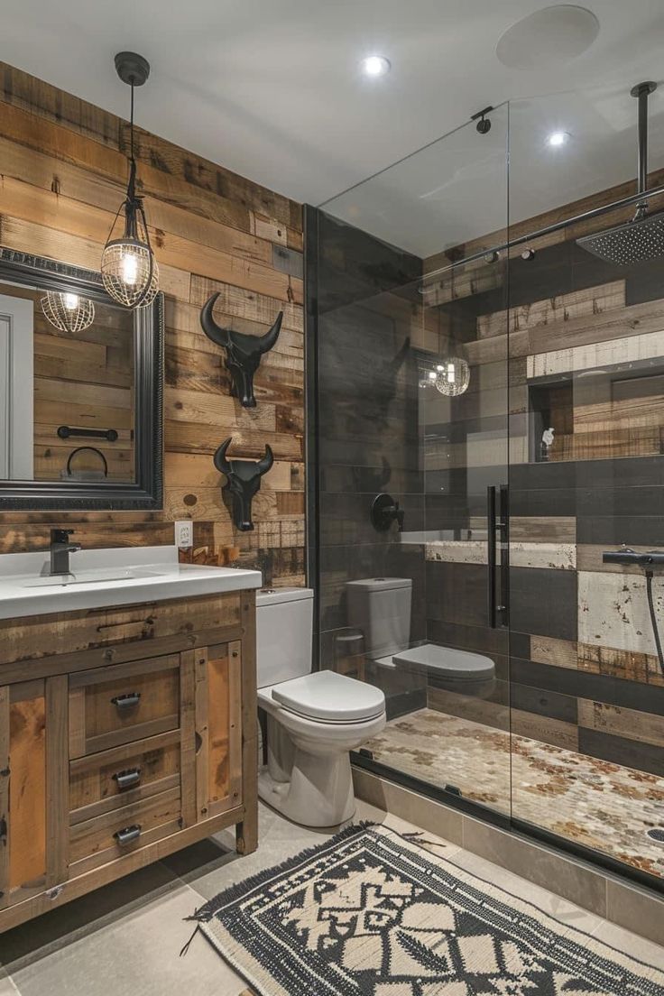 a bathroom with wood paneling and a glass shower door that leads to the toilet