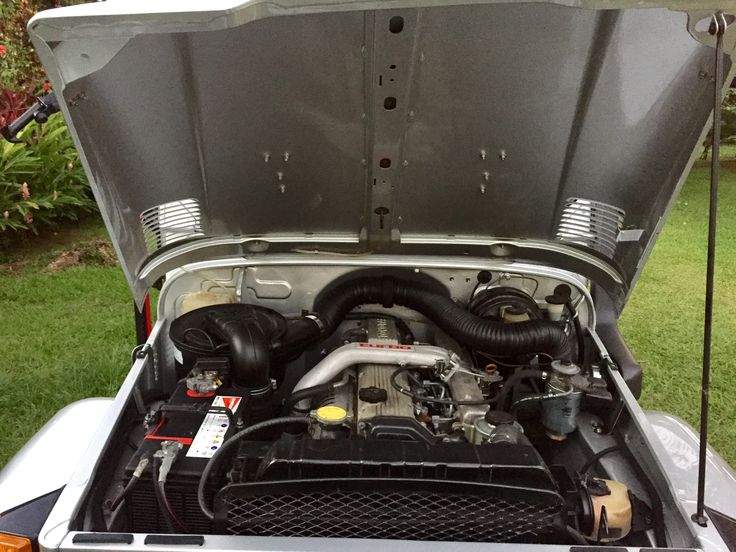 the engine compartment of an automobile parked in a yard with grass and bushes behind it