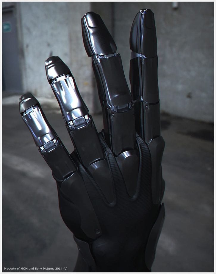 a hand that is made out of black leather and silver metal with two fingers on it