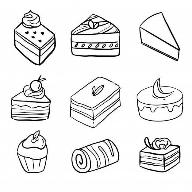 different types of cakes and desserts are shown in this black and white drawing set