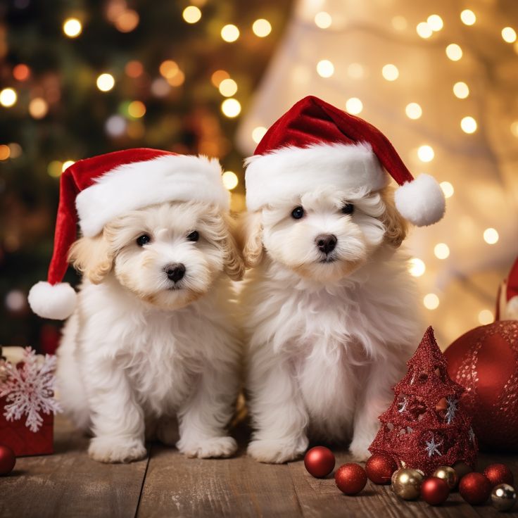 AI art of a two white puppies wearing a santa claus hat sitting among Christmas decorations. Puppies Christmas Pictures, Puppy Christmas Pictures, Multiverse Images, Christmas Puppies Pictures, Pets Images, Christmas Pet Photos, Cat And Dog Memes, Funny Dog Pics, Images Of Dogs