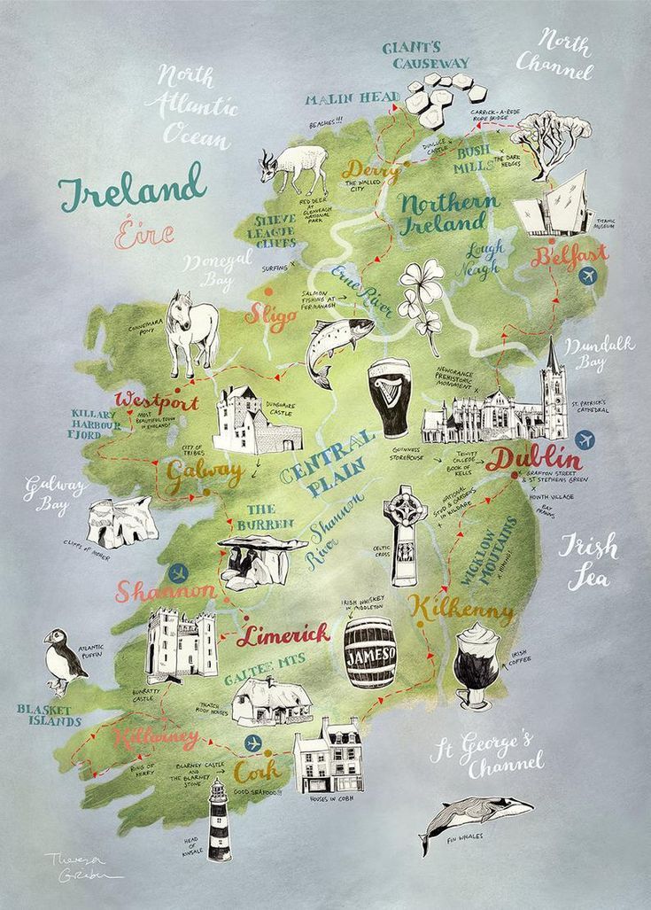 an illustrated map of ireland with all the towns and places in each country's capital