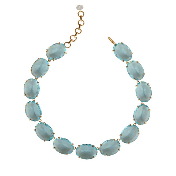 Oval-shaped lemon quartz necklace, handcrafted in 14K gold plated brass settings. Simply elegant, this bright, vibrant statement necklace brings a touch of glamour to any occasion! SKU: RV-2619 Blue Quartz & Lemon Quartz Semi-Precious Stones Measures 3/4 X 16'' + Ext Material: 14k gold plated brass Hook Closure Handmade in New York City Made to Order Carrie Necklace, Riviere Necklace, Interchangeable Earrings, Multiple Bracelets, Brass Hook, Lemon Quartz, Blue Quartz, Quartz Necklace, Silver Pearls