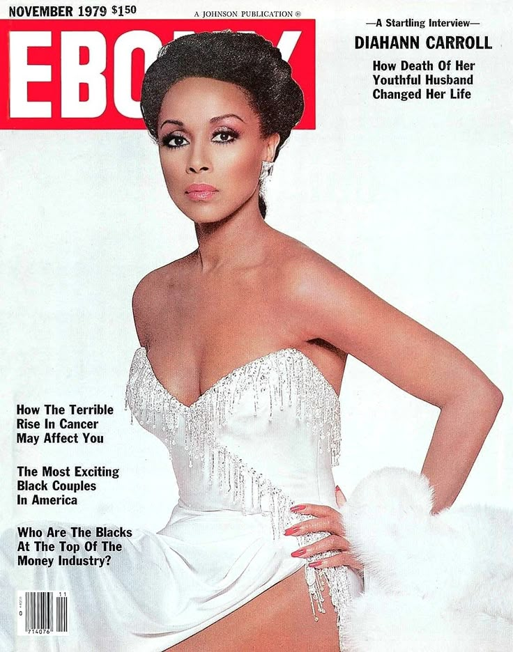 a woman in a white dress on the cover of ebony magazine