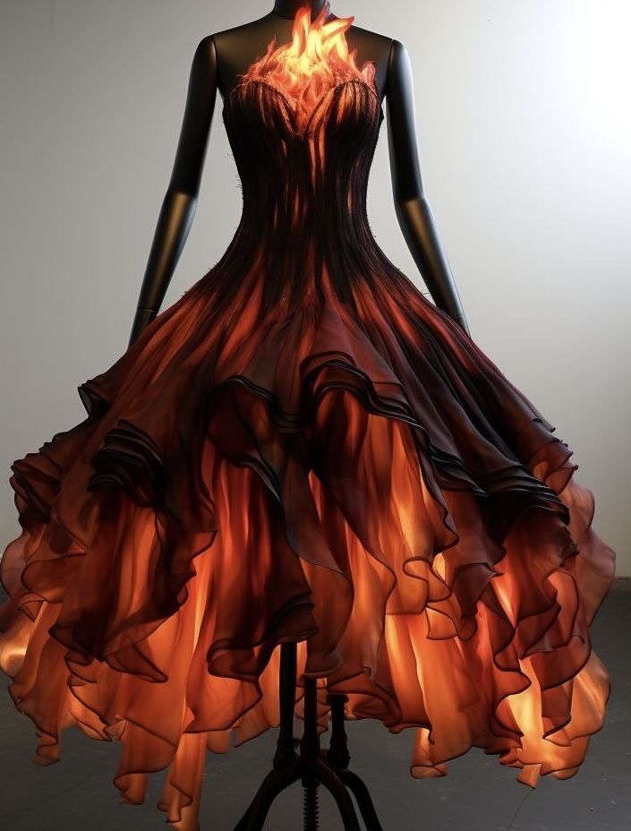 Black Fire Dress, Fire Inspired Gown, Fire Dress Aesthetic, Fire Prom Dress, Fire Fantasy Outfit, Flame Costume Women, Fire Dress Design, Fire And Ice Party Theme Outfit, Fire Dress Drawing