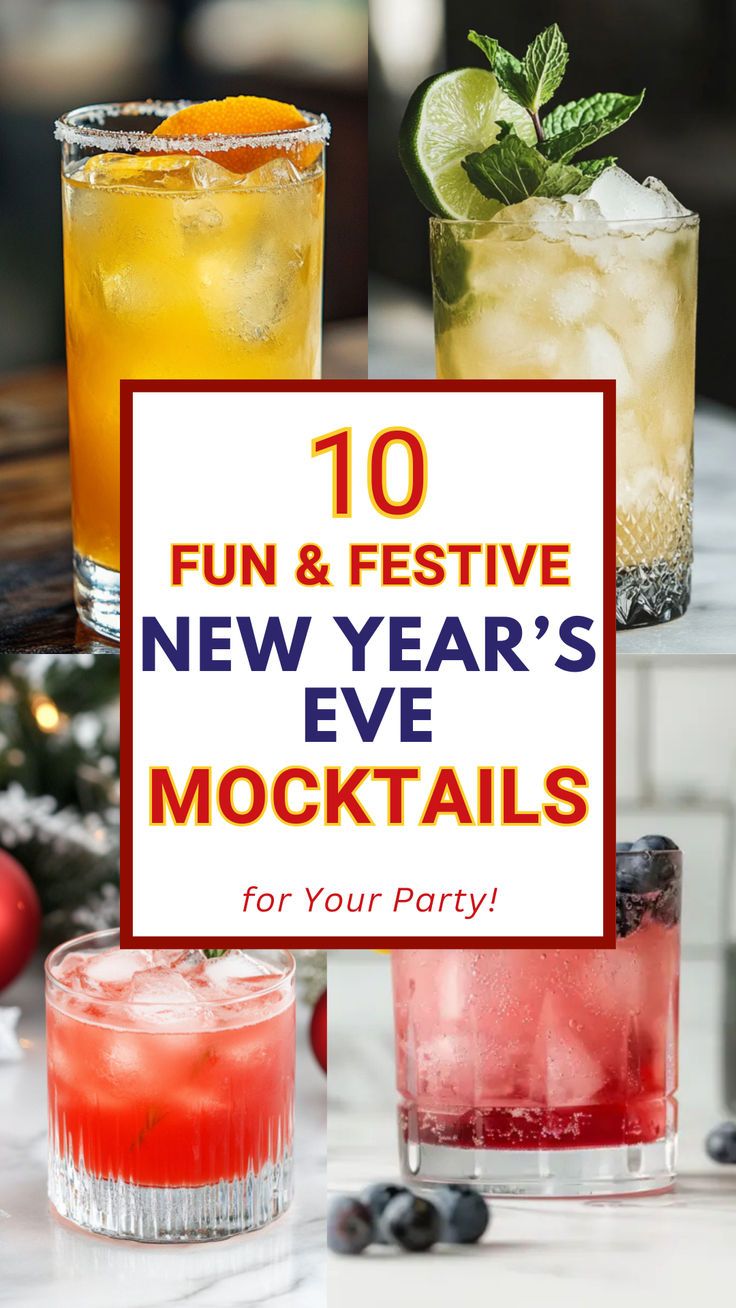 Fun and festive New Year's Eve mocktails for parties. Bright and colorful non-alcoholic drinks with orange, lime, berries, and ice. Perfect for celebrations, family gatherings, and kids. Easy recipes for refreshing, fruity, and flavorful beverages to ring in the new year with style and joy.