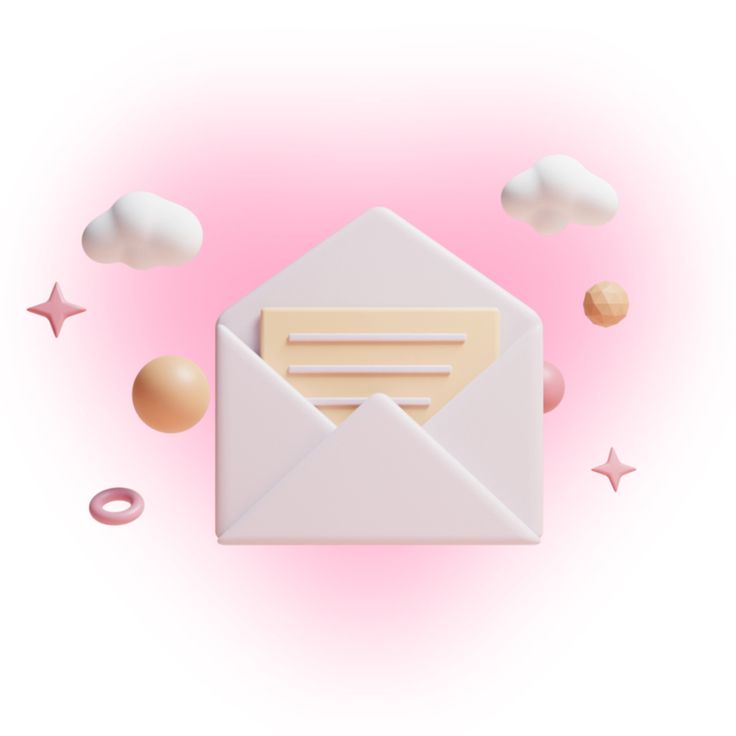 an envelope with a letter in it surrounded by pink and gold confetti on a white background