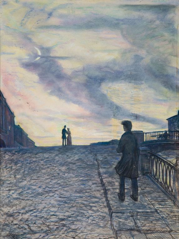 a painting of two people standing on a bridge looking out at the sky and clouds