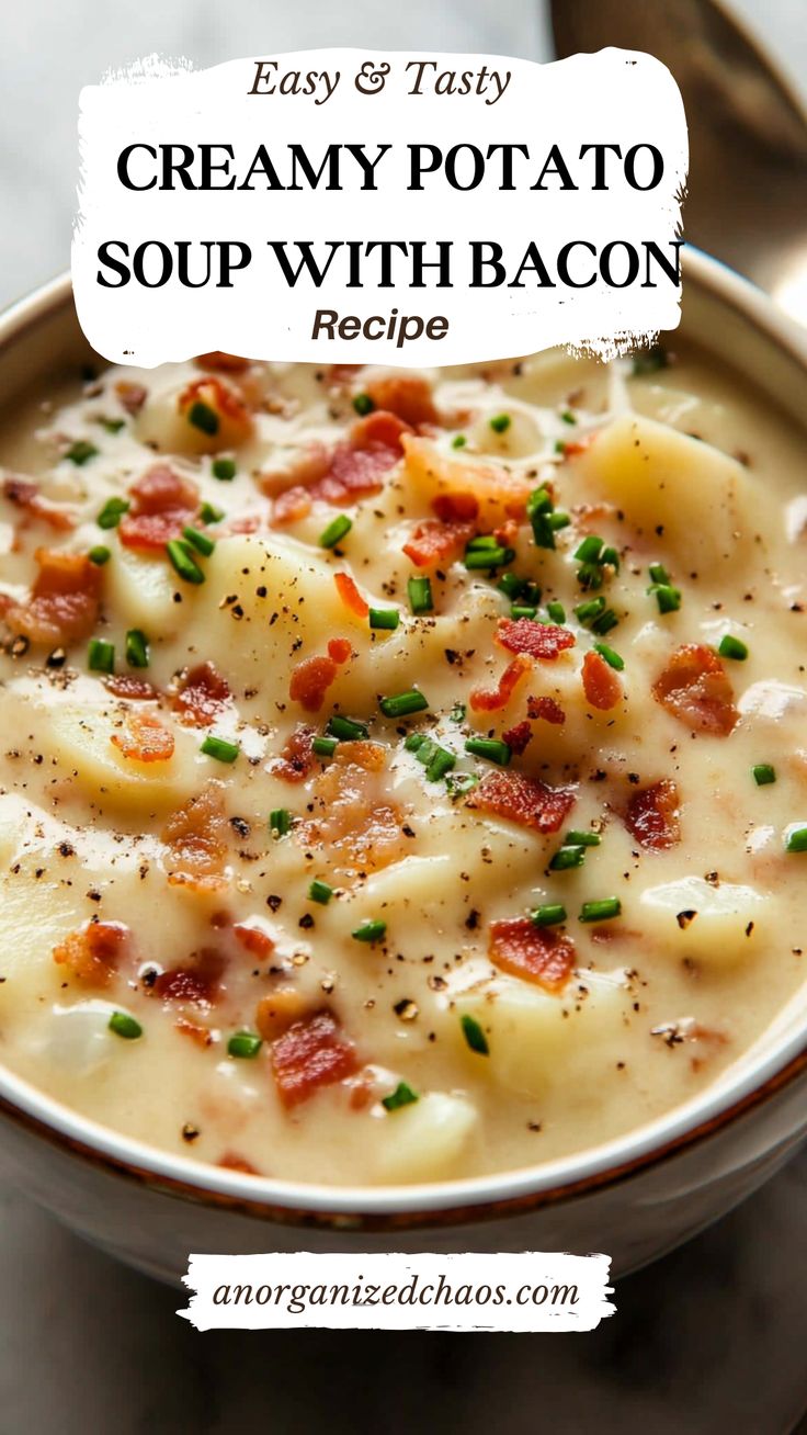 creamy potato soup with bacon in a bowl