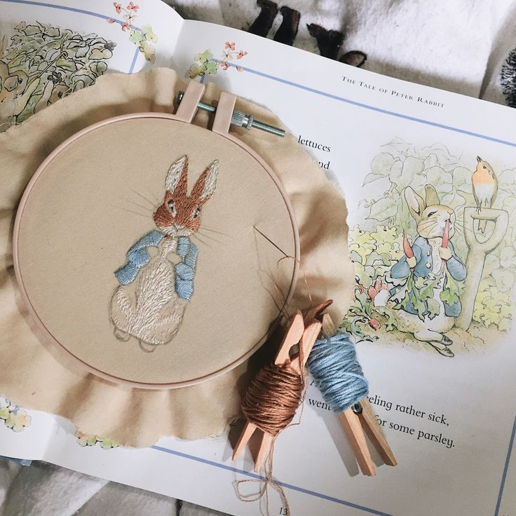 a book with an image of a rabbit on it and some yarn in front of it