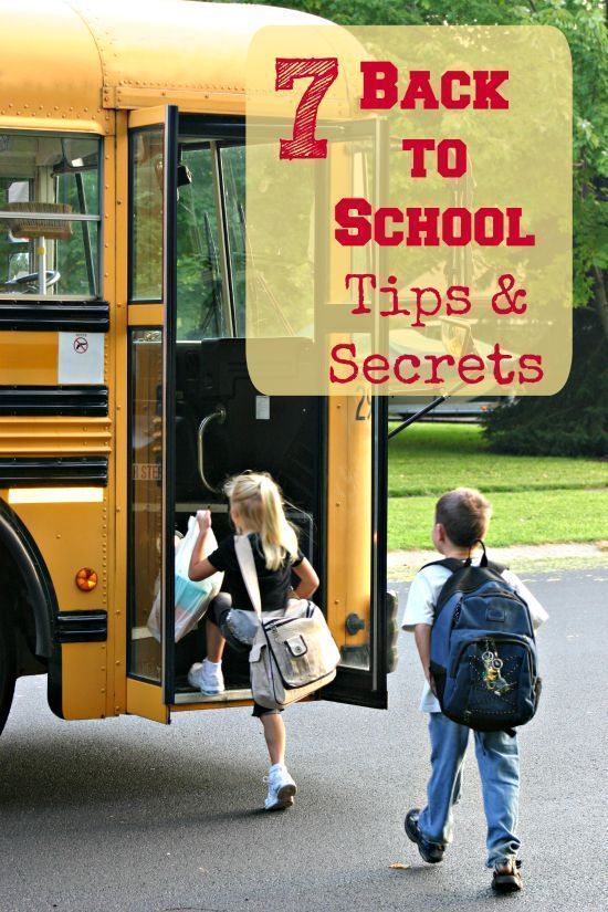 two children boarding a school bus with the text 7 back to school tips and secrets