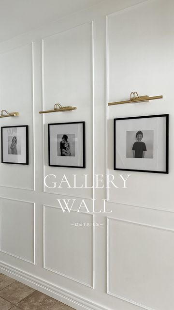 three black and white photographs hang on the wall next to two gold - plated hooks