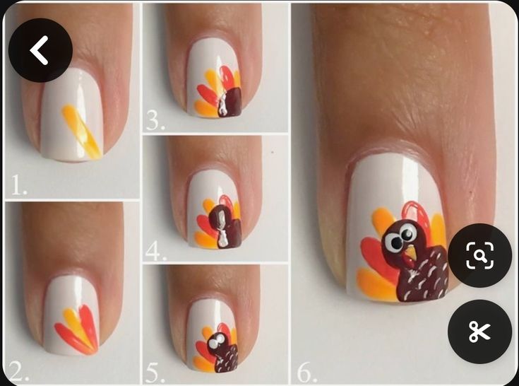 Turkey Nail Art Step By Step, Nail Art Turkey, Turkey Gel Nails, Thanksgiving Nails For Kids Easy, Turkey Nails Holiday, Cute Turkey Nails, Basic Thanksgiving Nails, Kids Thanksgiving Nails, Kid Fall Nails