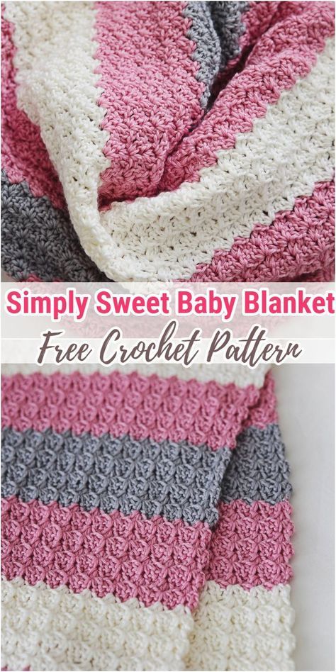 a crocheted baby blanket with the text simply sweet baby blanket free crochet pattern