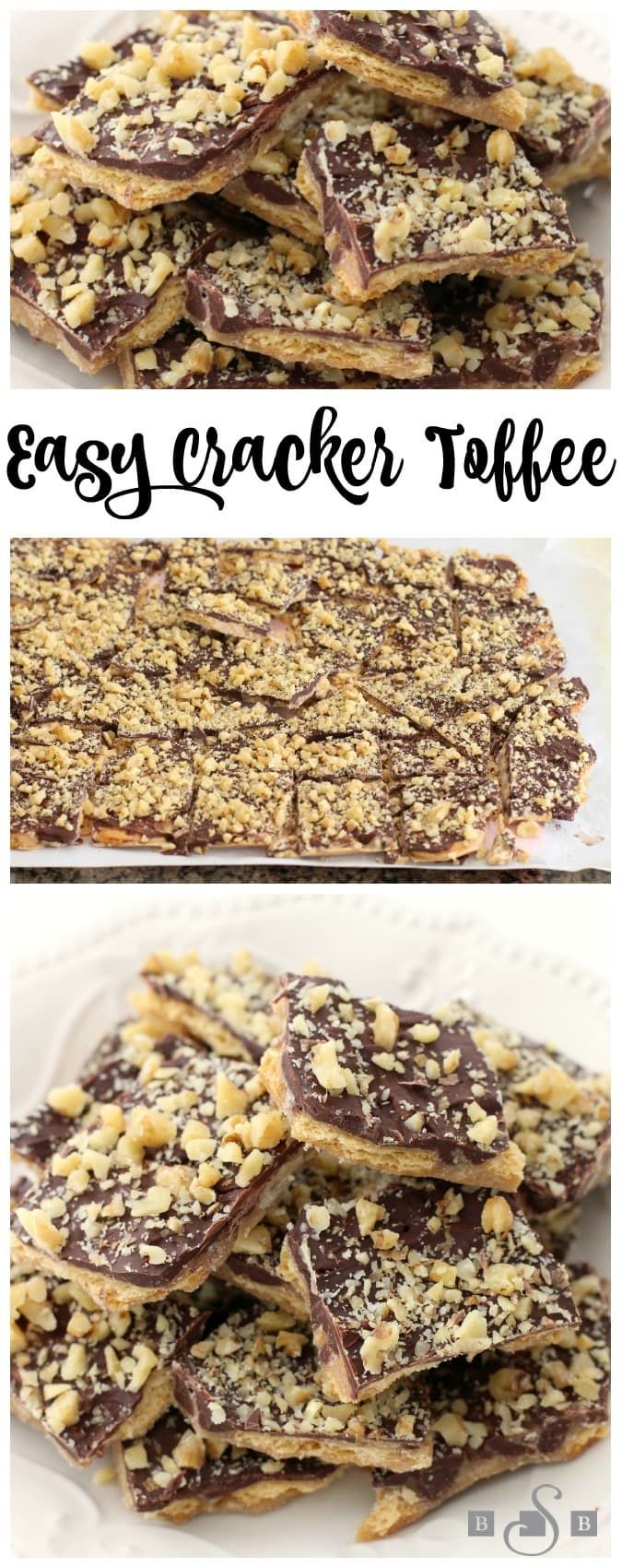 three different views of chocolate cracker toffes on a white plate with the words easy cracker toffe