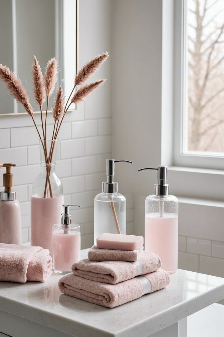 pink towels and soaps are on the counter in front of a window with white tiles