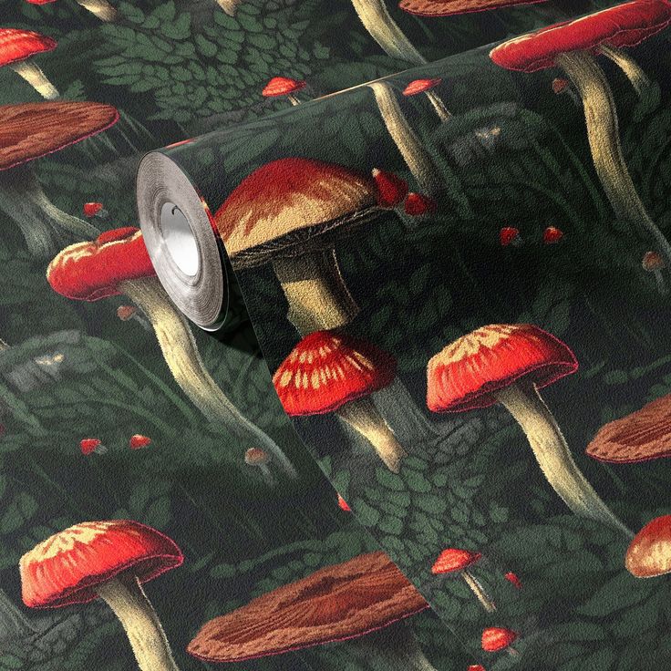 a close up of a wallpaper with red mushrooms and green leaves on the background