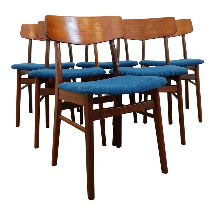 six mid century danish teak dining chairs with blue upholstered seats