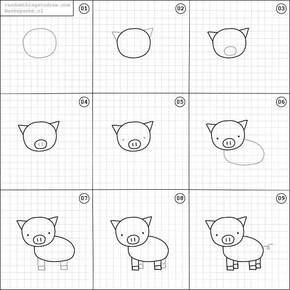 step by step instructions on how to draw a pig