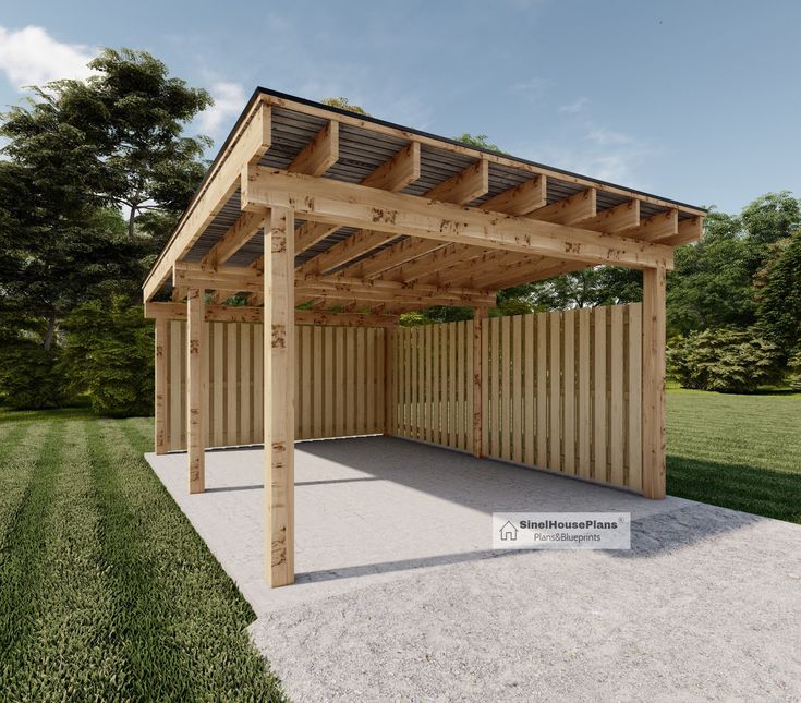 a wooden carport sitting on top of a lush green field