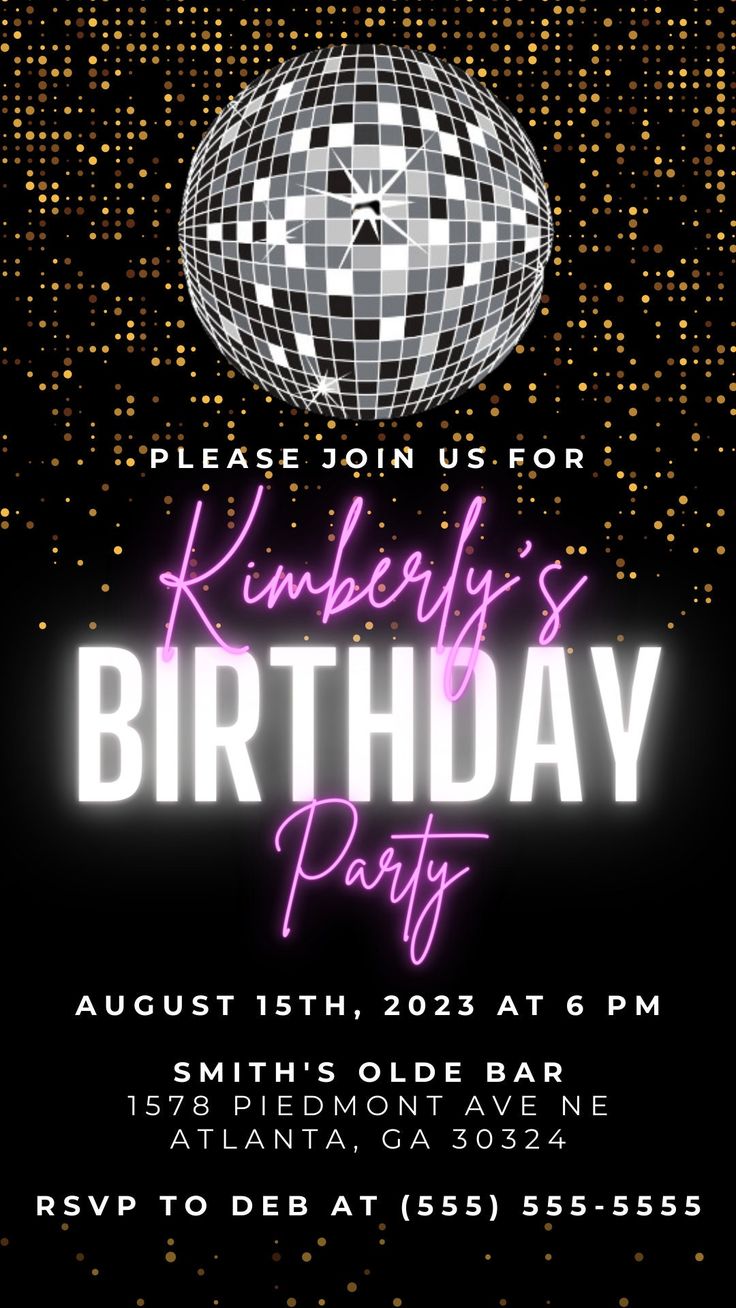 a flyer for a birthday party with disco ball and lights in the dark, on a black background